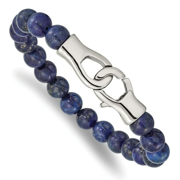 Primal Steel Stainless Steel Polished Genuine Lapis Beads 9 Inch Bracelet