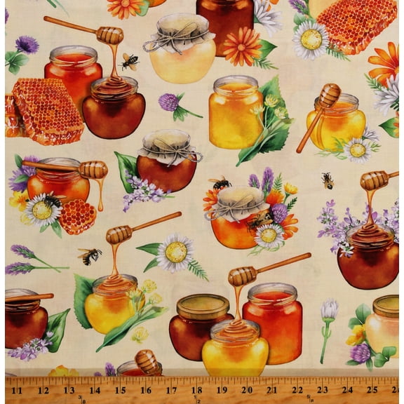 Cotton Honey Flowers Food Sweet Bees Insects Floral Nature Vanilla Cotton Fabric Print by the Yard (SRKD-22264-65-VANILLA)
