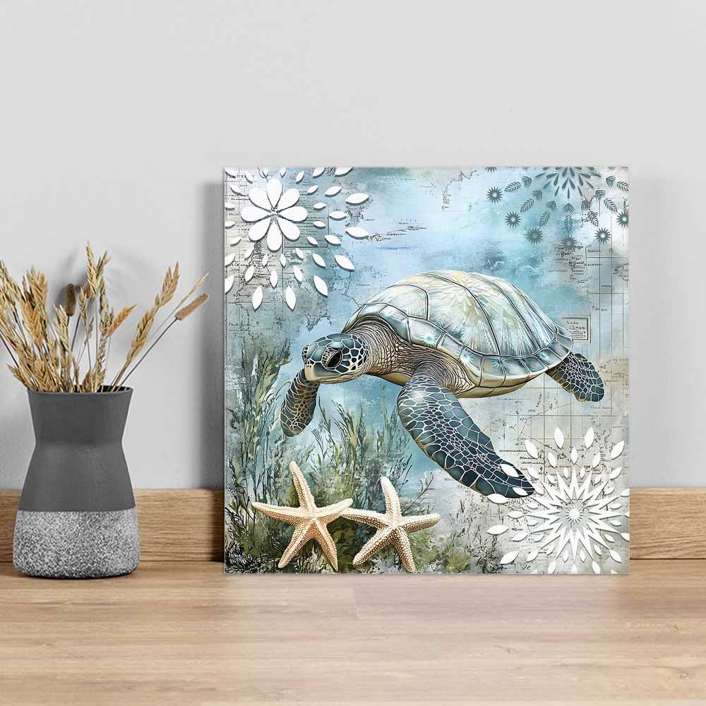 Retro Sea Turtles Canvas Wall Art, Ocean Sea Stars Corals Animal Framed Wall Decor Modern Artwork Prints Painting for Living Room, Bedroom, Kitchen & Cafe Decor 16x16 Inch