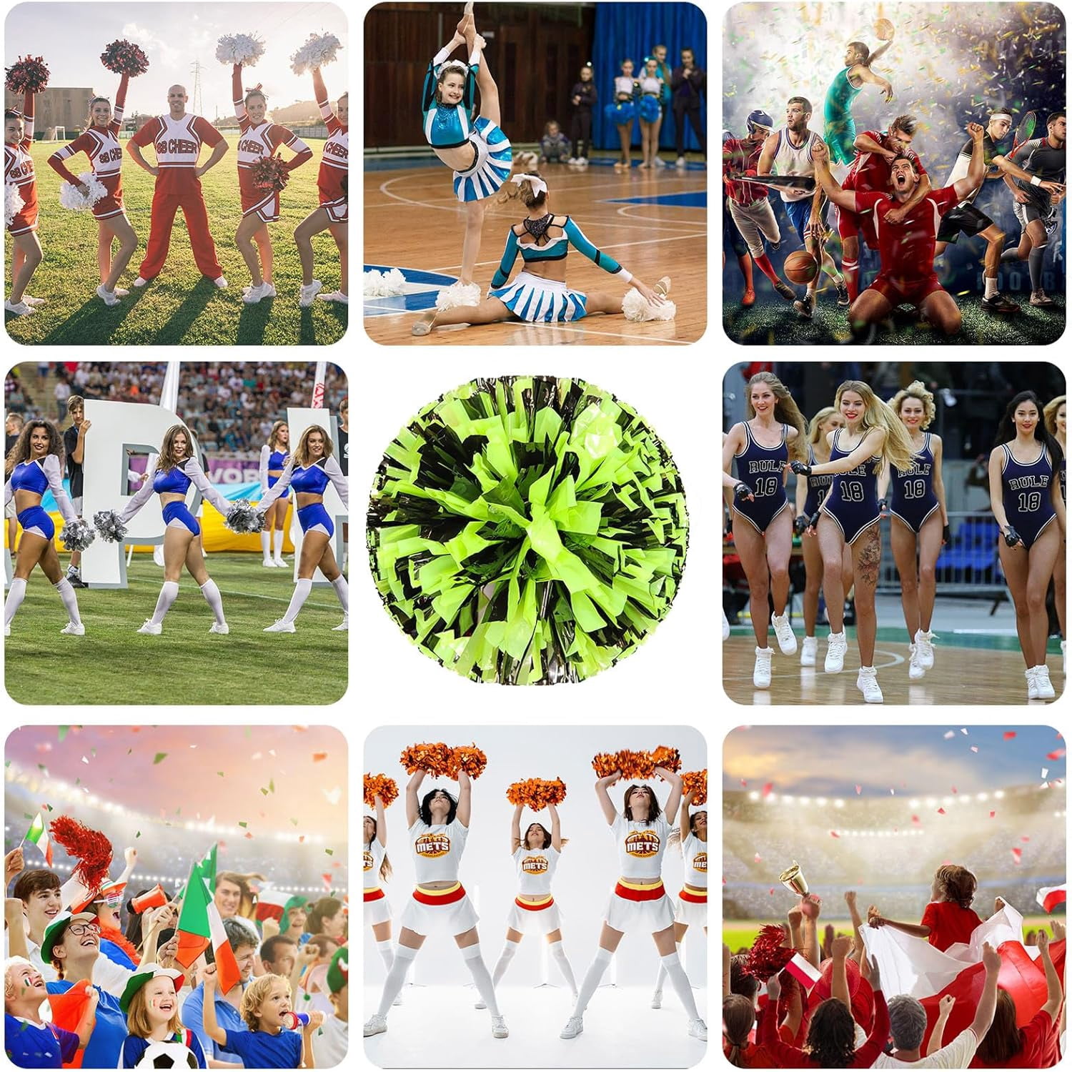 20 Pcs Cheerleading poms,pom poms Cheerleading with Finger Holes Metallic Foil Cheer Pom Pomsfor Dance, Matches, Team Spirit Sports (Black+Green)