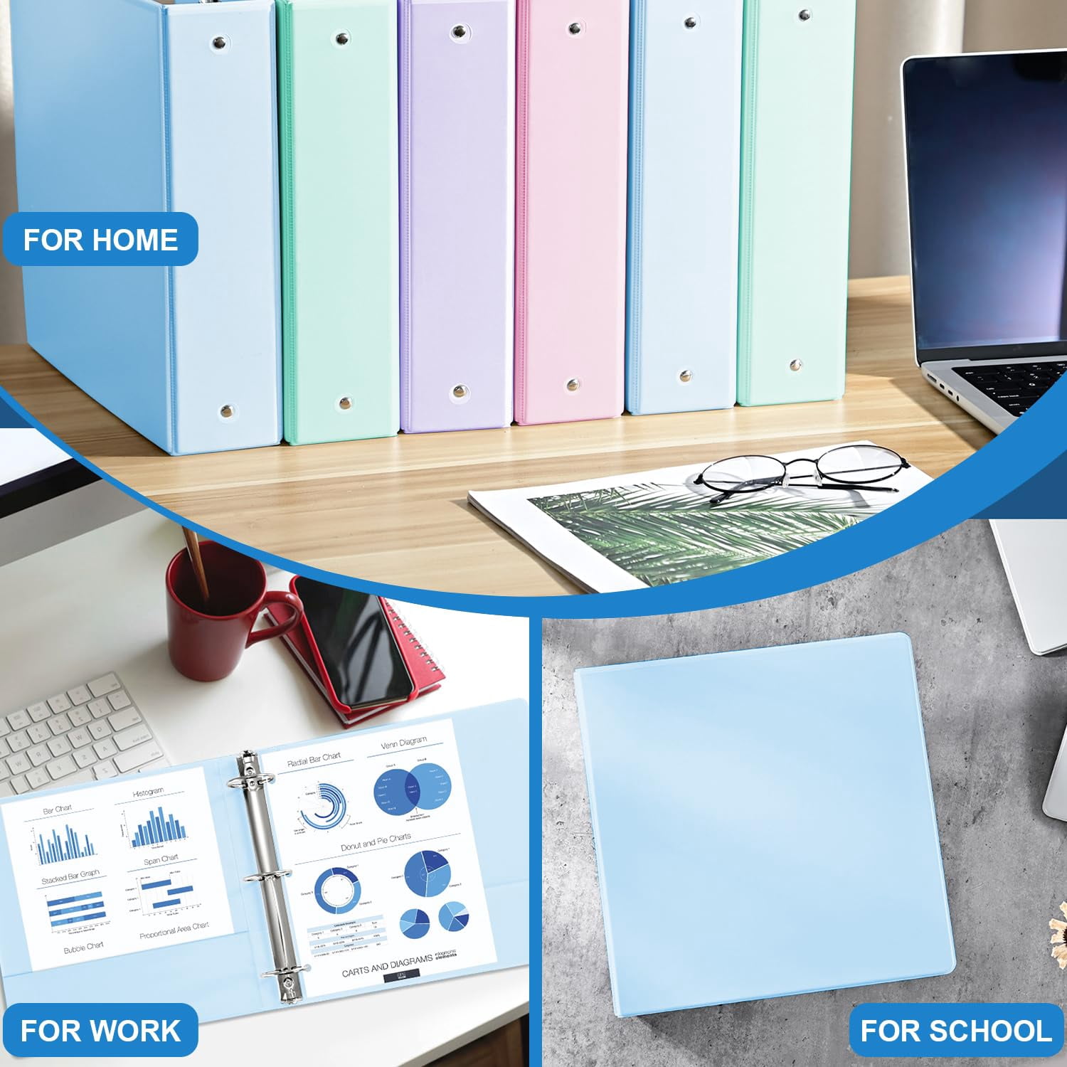 2 inch  Binders 3 Ring Notebooks Round Ring View Binder O-Ring 450 Sheets of Letter Size Paper Organizer with Pockets 4-Pack Assorted Color