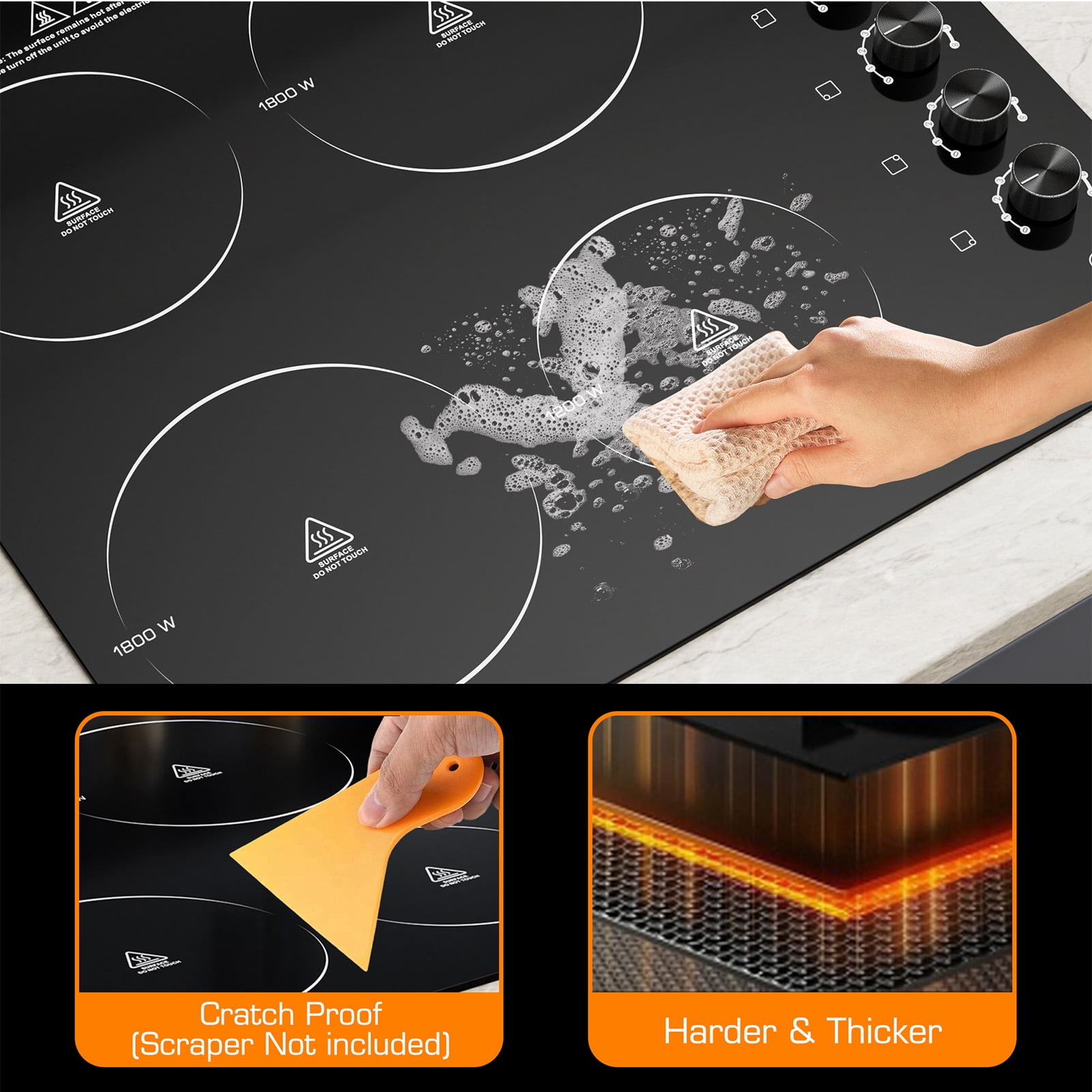 24 inch Electric Cooktop, 6000W Built-in Ceramic Stove Top with 4 Burners & Knob Control, 220-240V Drop-in Radiant Cooktop(No Plug)