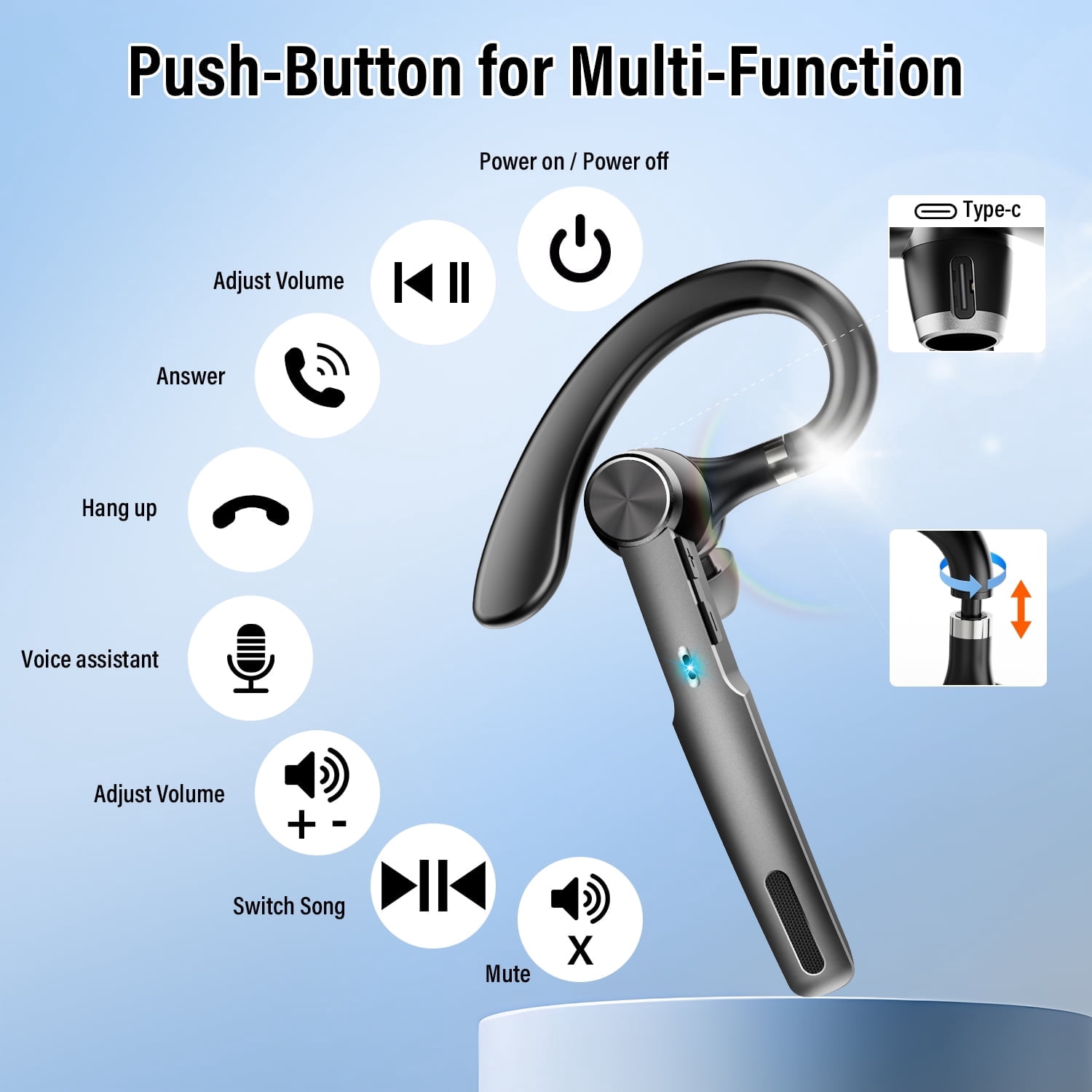 Bluetooth Headset, Single-Ear Bluetooth Earpiece with ENC Mic with HiFi Stereo Sound, 72 Hours Talking Time Wireless Headset V5.3 with 400mAh Charging Case for iOS Android Cell Phones, Black