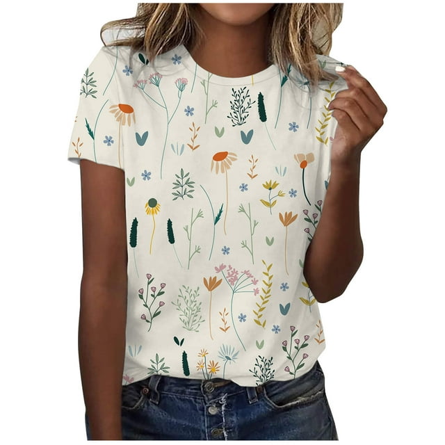 Pompotops T-Shirt Décontracté à Manches Courtes Imprimé Plissé Col Rond Ample pour Femmes