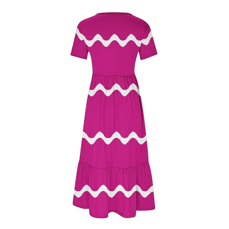 Womens Short Sleeve Mid Long Dress with Pockets Fashion Wave Striped Print  Pleated Casual Tiered Maxi T-shirt Dress (X-Large, Hot Pink) - Walmart.com