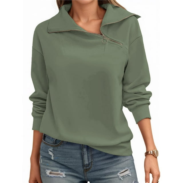 Sudadera con Cremallera para Mujer, Cuello Alto, Larga, Informal, Holgada, Tops Verde L