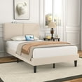 thumbnail image 3 of VECELO Twin Size Bed Frame with Charging Station, Upholstered Platform Bed Frame with Adjustable Headboard, Wooden Slats Support, No Box Spring Needed, Beige, 3 of 9