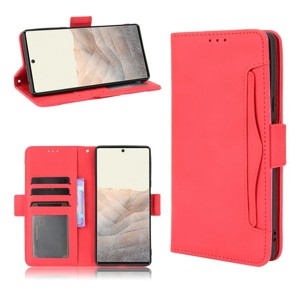 Compatible with Google Pixel 6 Wallet Case, Detachable Outer Pouch PU Leather Flip Folio Case with Card Holders RFID Blocking Kickstand [Shockproof TPU Inner Shell] Phone Cover,Red