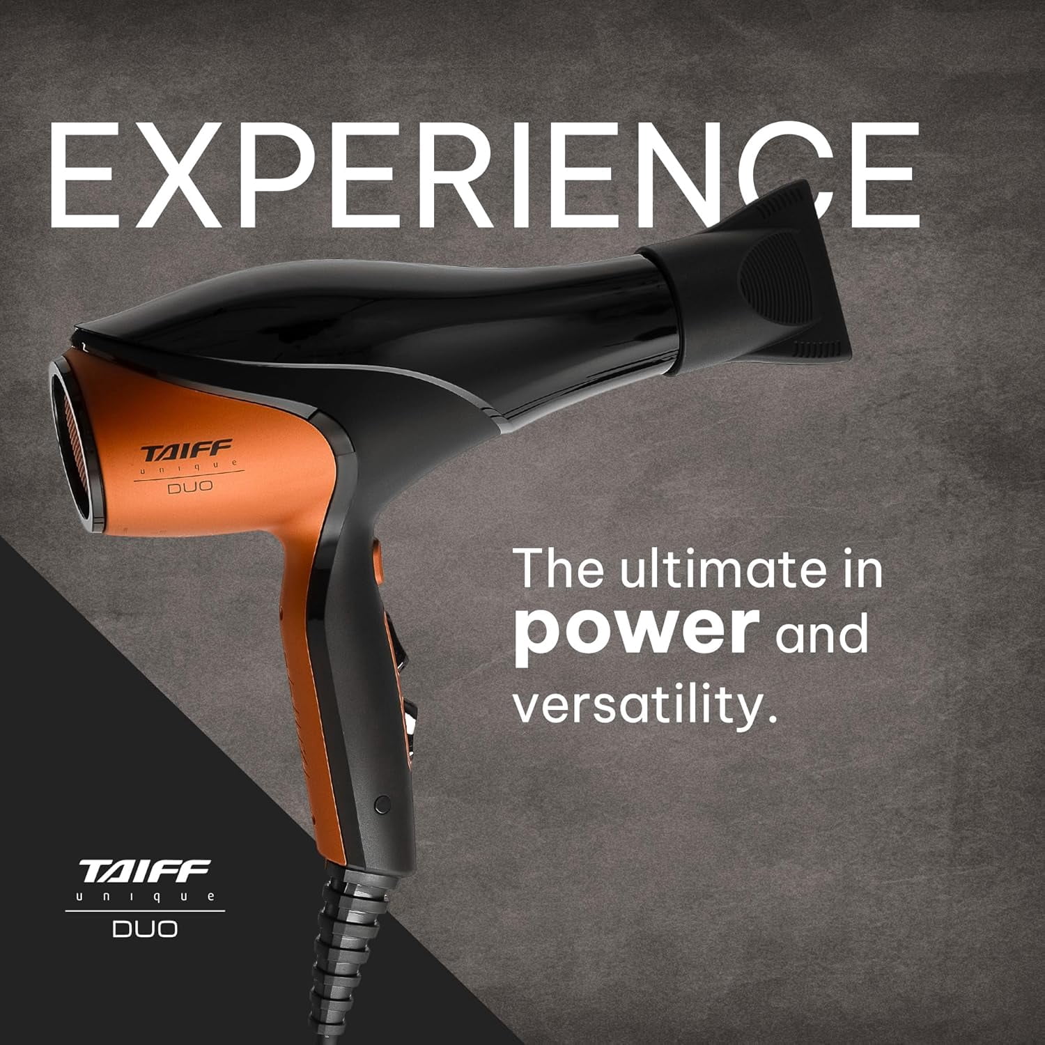 Taiff Unique Duo Professional Hair Dryer – 127V | 1875W Power | AC Motor | Tourmaline + Ionic & Ceramic Technology | Titanium Elements | 2 Concentrator Nozzles (Orange)