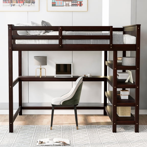 Full Size Loft Bed with Desk & Storage Shelves, Wooden Study Loft Bed with Workstation for Small Spaces, Teens, Espresso