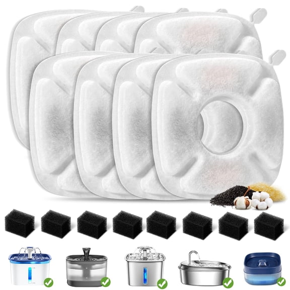 (16 Pieces) 8 Pack Replacement Filters & 8 Pack Replacement Pre-Filter Sponges Compatible with Veken 95oz/2.8L Pet Fountain Cat Water Fountain Dog Water Dispenser