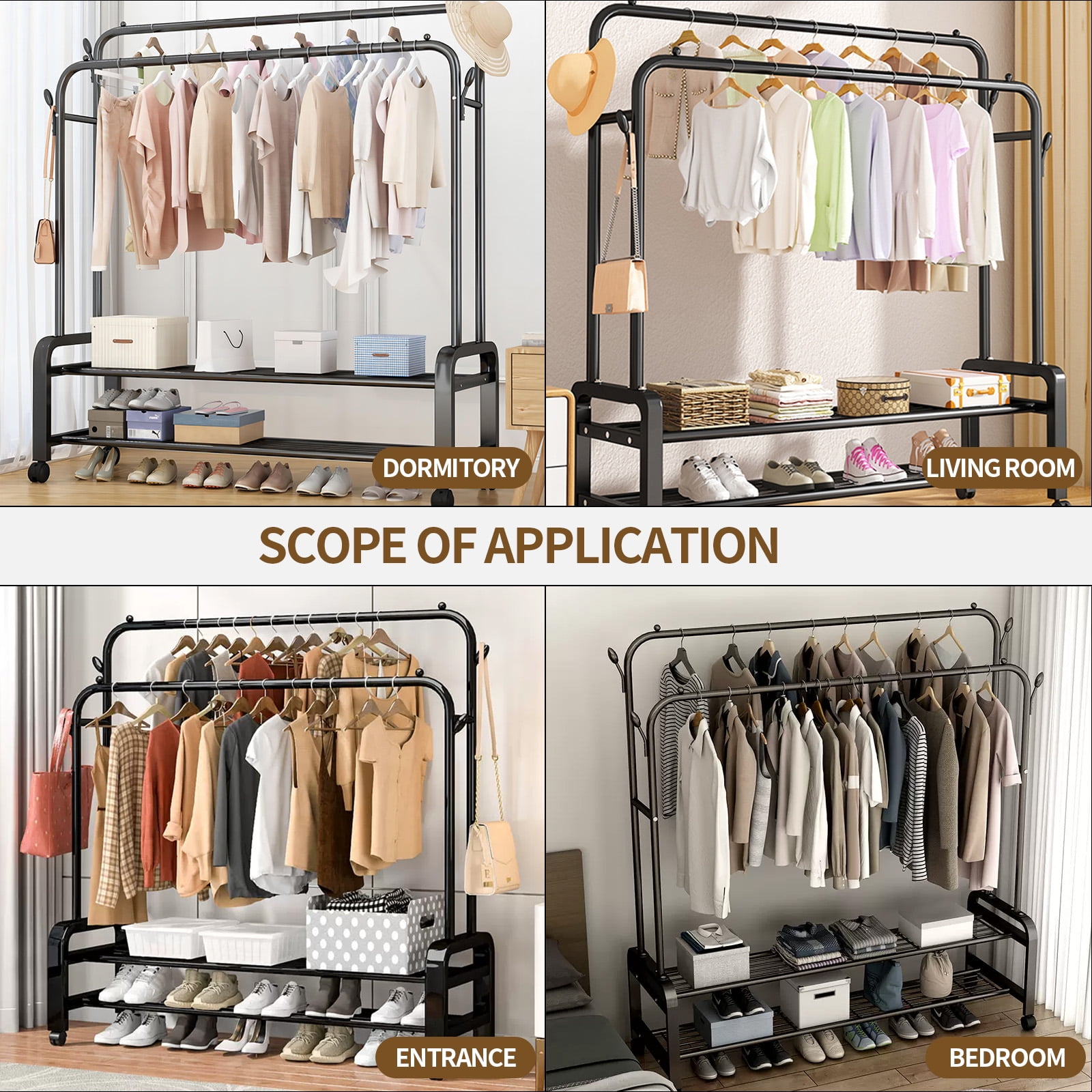 Clothes Rack With Wheels, Portable Clothing Rack With Shelves & Hooks, Heavy Duty Garment Racks for Hanging Clothes, Multi-Functional Closet Rack for Bedroom, Black