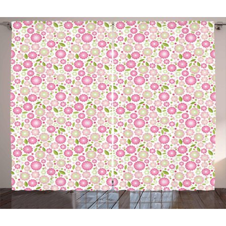 Element Spring - Flower Curtains 2 Panels Set, Pastel Toned Feminine Romantic Petals with Leaves Shabby Spring Elements, Window Drapes for Living Room Bedroom, 108W X 108L Inches, Blush Pink Lime Green, by Ambesonne