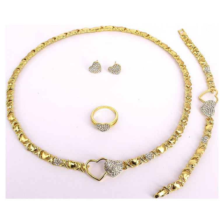 Women's Girls XOXO Hugs & Kisses Necklace Set - Ring Bracelet & Earrings  Jewelry Set 18k Real Gold Plated