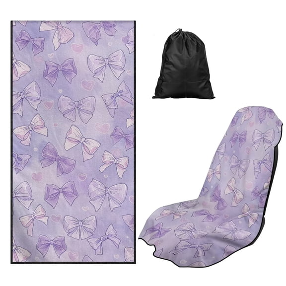 Bulopur Cute Front Car Seat Towel for Women Lavender Bow Breathable Sweat Carseat Protector with Storage Bag for Yoga Vacation Soft Fit SUV Sedan Truck 1pcs
