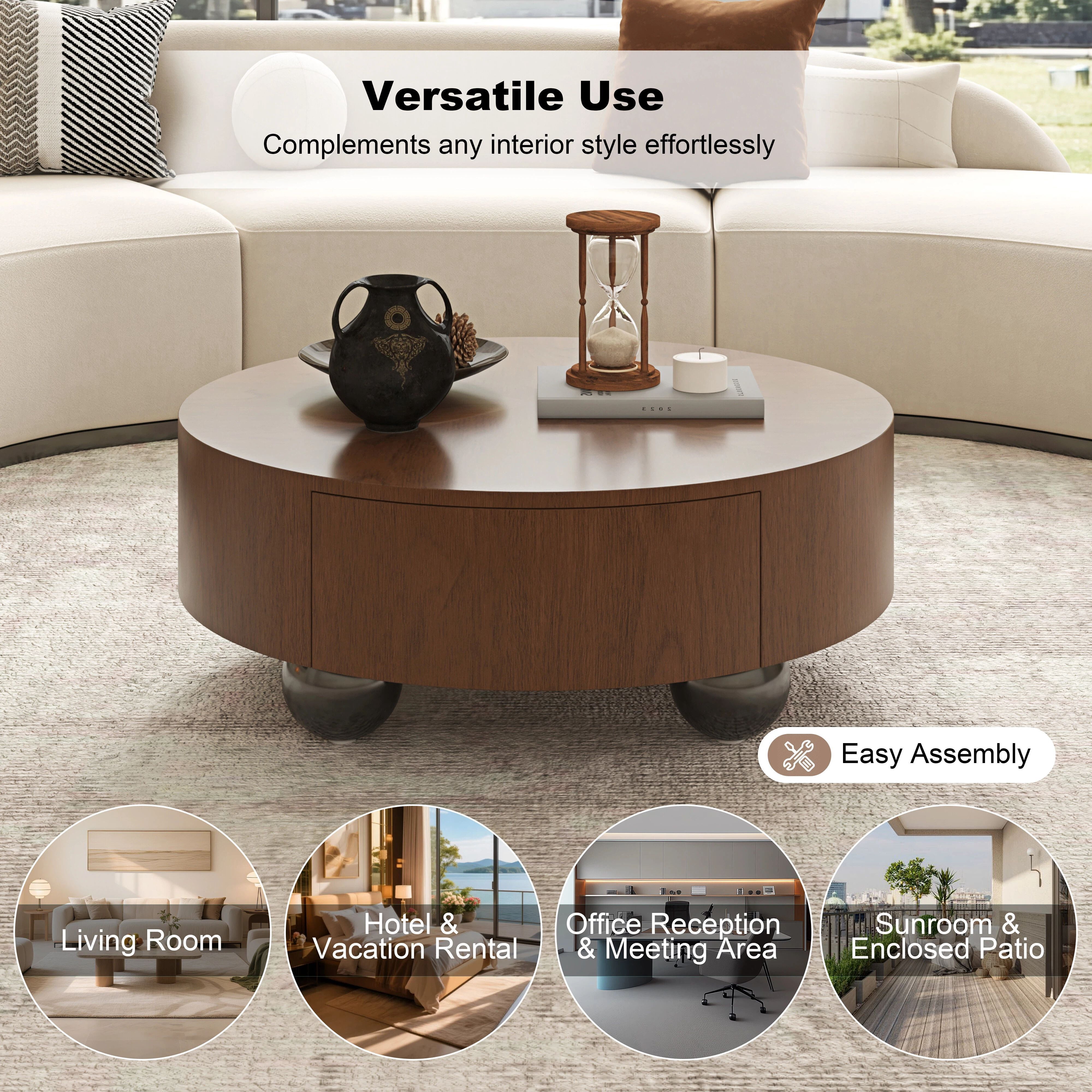 Euroco 35.43" Round Coffee Table with Storage Drawer, Mid-Century Modern Center Table with Sphere Base Legs for Living Room,Walnut