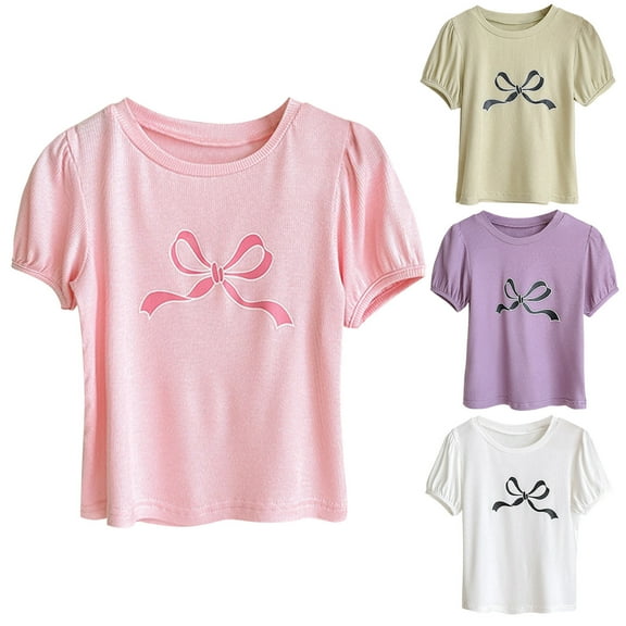 Viluyesy Girls T-Shirts 7-8T, Crew Neck Bow Graphic Bubble Short Sleeve Summer Cute Casual Tees Green(1-9T)