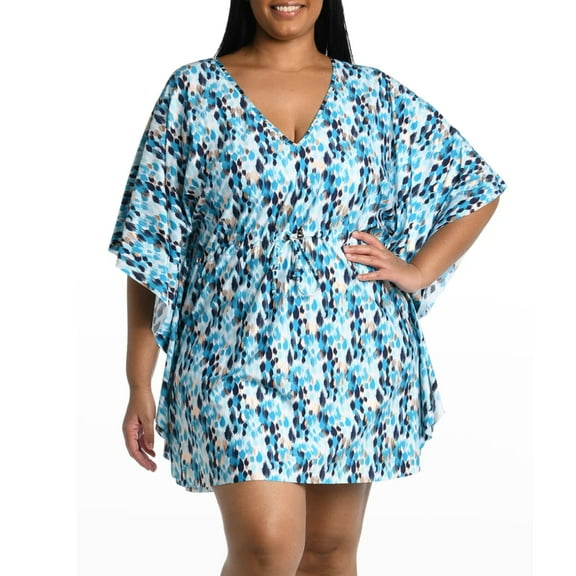 La Blanca Women's Plus Sea Glass Metallic Print Shores Beach Swim Caftan Cover-up-Blue / 2X