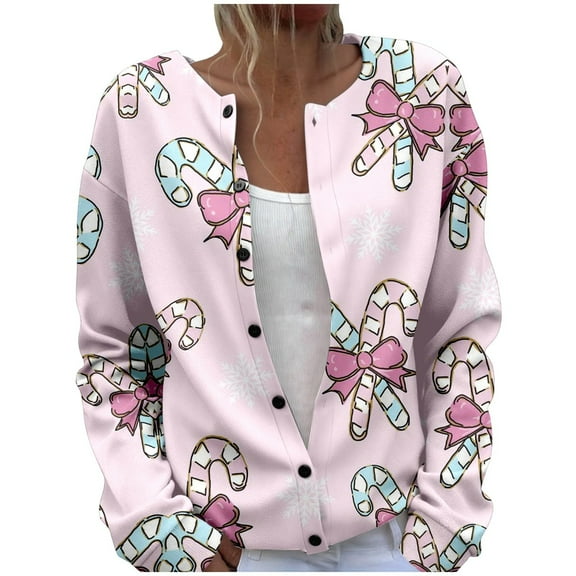 Tiweut Women's Cardigans Christmas Gifts Graphic Fall Winter Button Down Front Open Sweater Outwear Tops Pink,XL