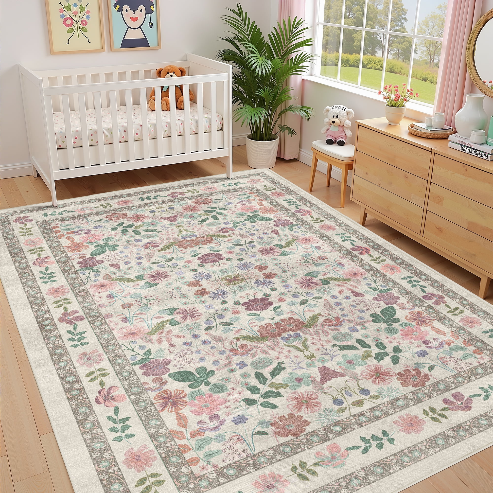 ATHOPE 5x7 Area Rugs for Living Room Bedroom, Floral Washable Soft Low Pile Rug with Non-Slip Backing, Large Vintage Distress Print Pattern Carpet, Beige Pink Floral