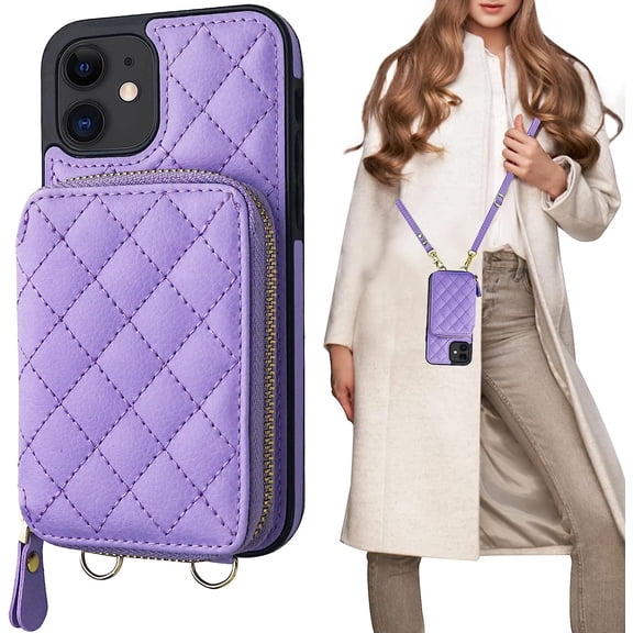 Crossbody Wallet Case for iPhone 12/12 Pro, RFID Blocking PU Leather Zipper Handbag Purse Flip Cover, Kickstand Folio Case with Card Slots Holder Wrist Strap Lanyard 5G 6.1 Inch (Purple)