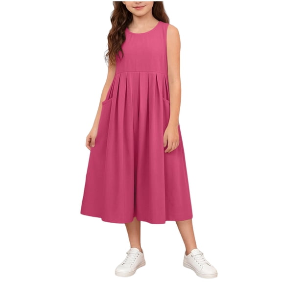 Summer Sleeveless Dresses Girls Cotton Swing Pleated Long Sundress Beach Vacation Casual Tank Dress with Pockets Hot Pink, 3 Years