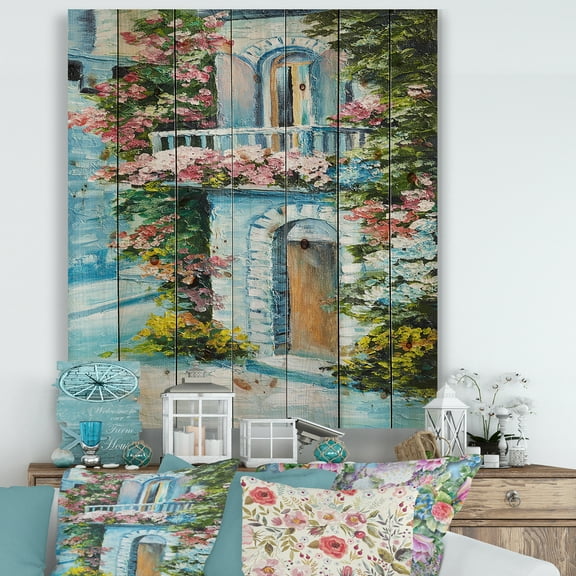 Designart 'House With Colorful Flowers Near The Sea II' Traditional Print on Natural Pine Wood