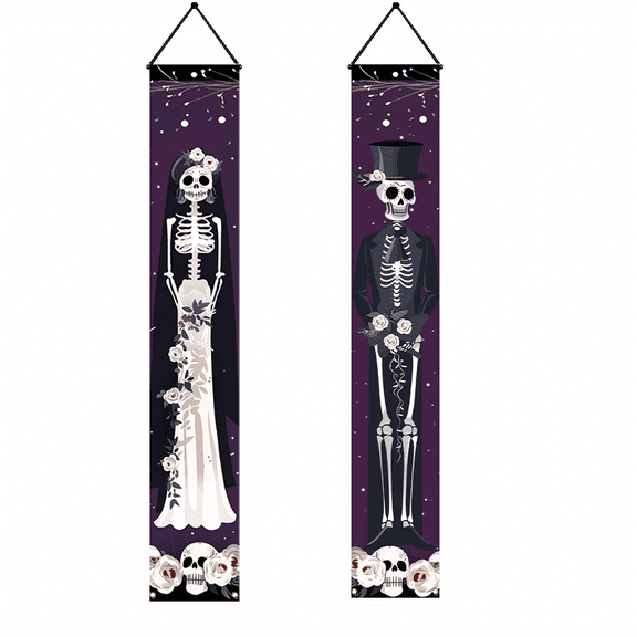 2 pieces, 2D Flat Halloween and the Day of the Dead atmosphere porch hanging logo decorative banner, Halloween couplets with skull couple pattern, holiday home hanging flag, suitable for front door,