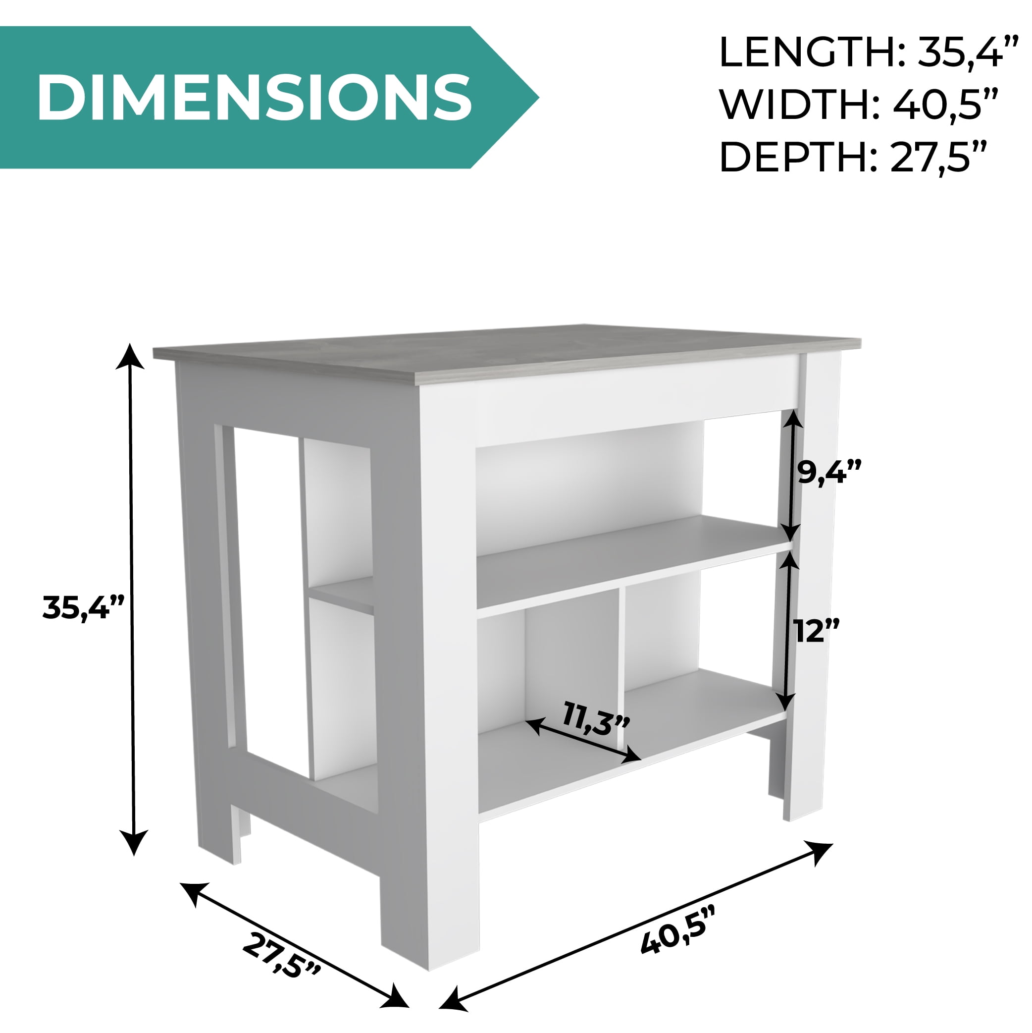 TUHOME Cala Kitchen Island with Antimicrobial Tabletop & 3 Open Shelves, Seating Workstation