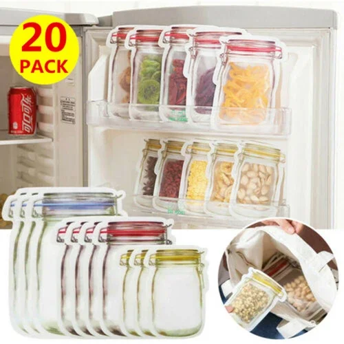 Pack Of 20 Mason Jar Zipper Bags Food Storage Snack Sandwich Zip Seal Reusable