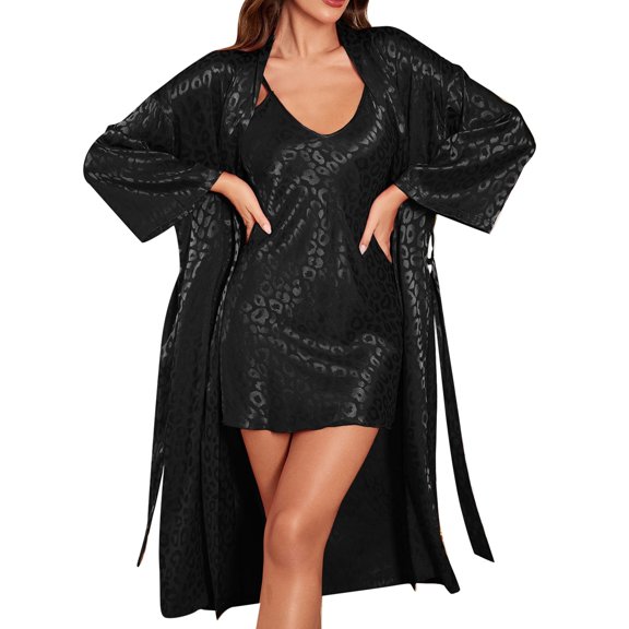 XIAONU Women's Leopard Print Satin Robe And Chemise Set Long Sleeve Belted Wrap Kimono Bold Glamorous Nightwear Cover Up