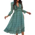 thumbnail image 1 of Women's Spring Summer Dress Deep V 3/4 Long Sleeve Dress Ruffle Hem & Trim, 1 of 2