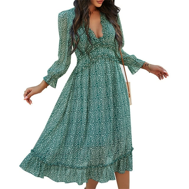 Women's Spring Summer Dress Deep V 3/4 Long Sleeve Dress Ruffle Hem & Trim