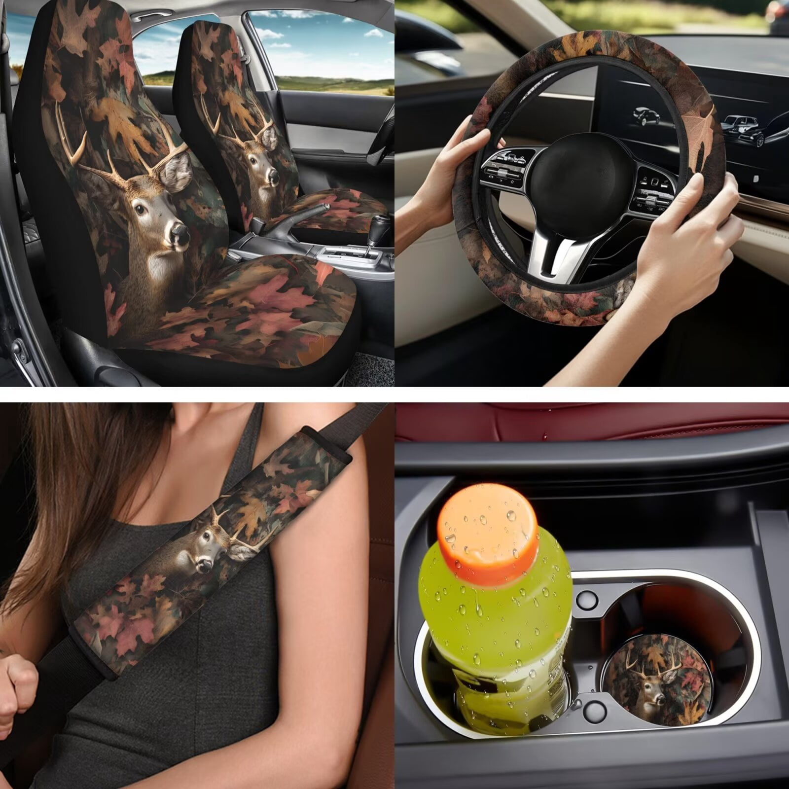 Binienty Deer Hunting Camo Car Seat Covers Full Set 14 Pack with Car Steering Wheel Cover Armrest Cushion Pad Headrest Covers Seat Belt Pads Vehicle Interior Accessories Set