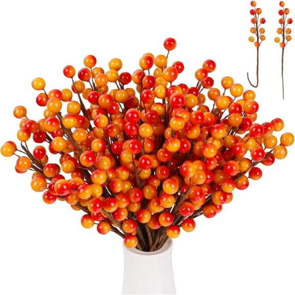 40 Pack Artificial Fall Berry Stems - 6.5 Inch Orange Berry Branches, Fall Floral Picks for Autumn, Thanksgiving, and Christmas Tree DIY Decorations