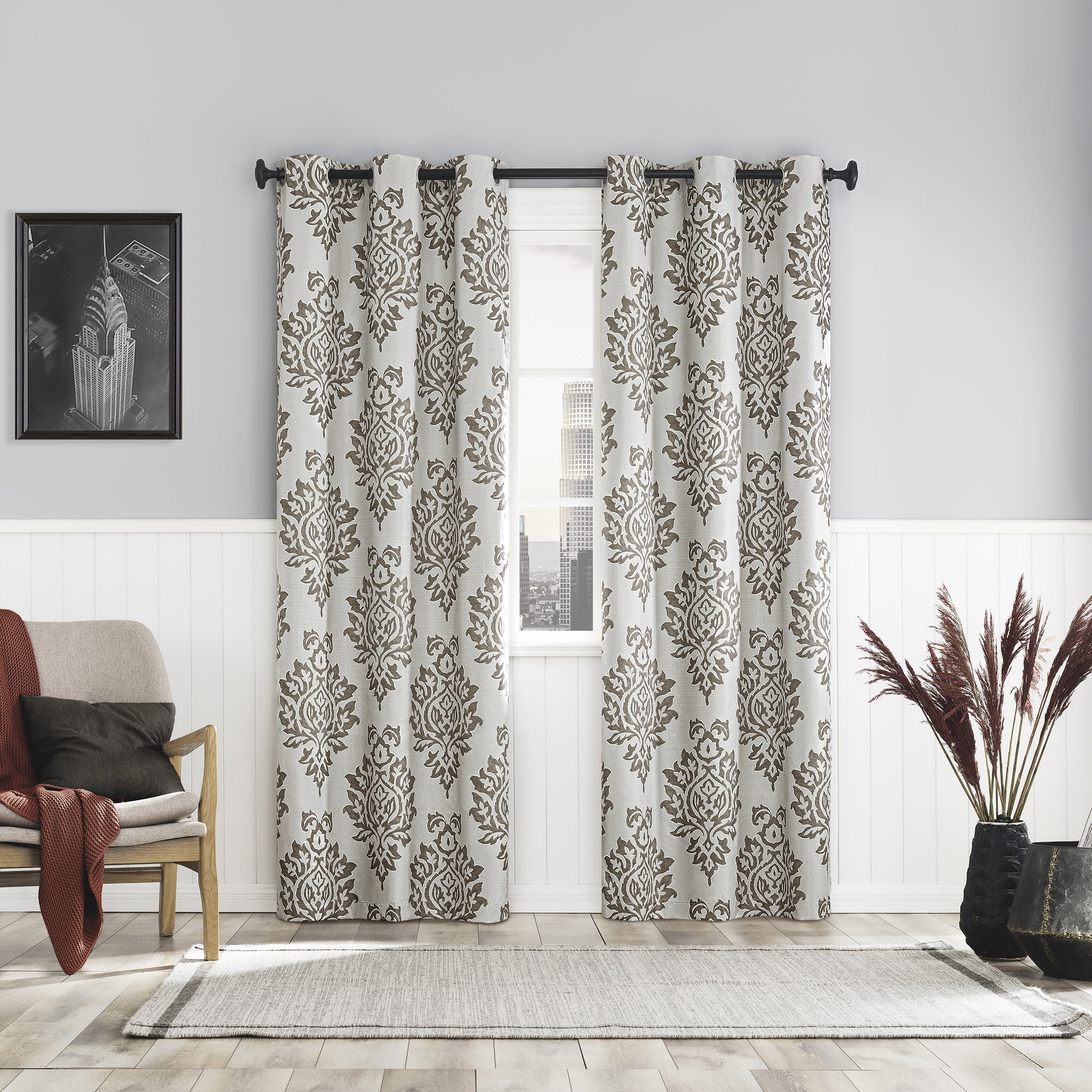 Sun Zero Arlo 2-Piece Textured Thermal Insulated Room Darkening Grommet Curtain Panel Pair, Brown Damask, 40"W x 63"L