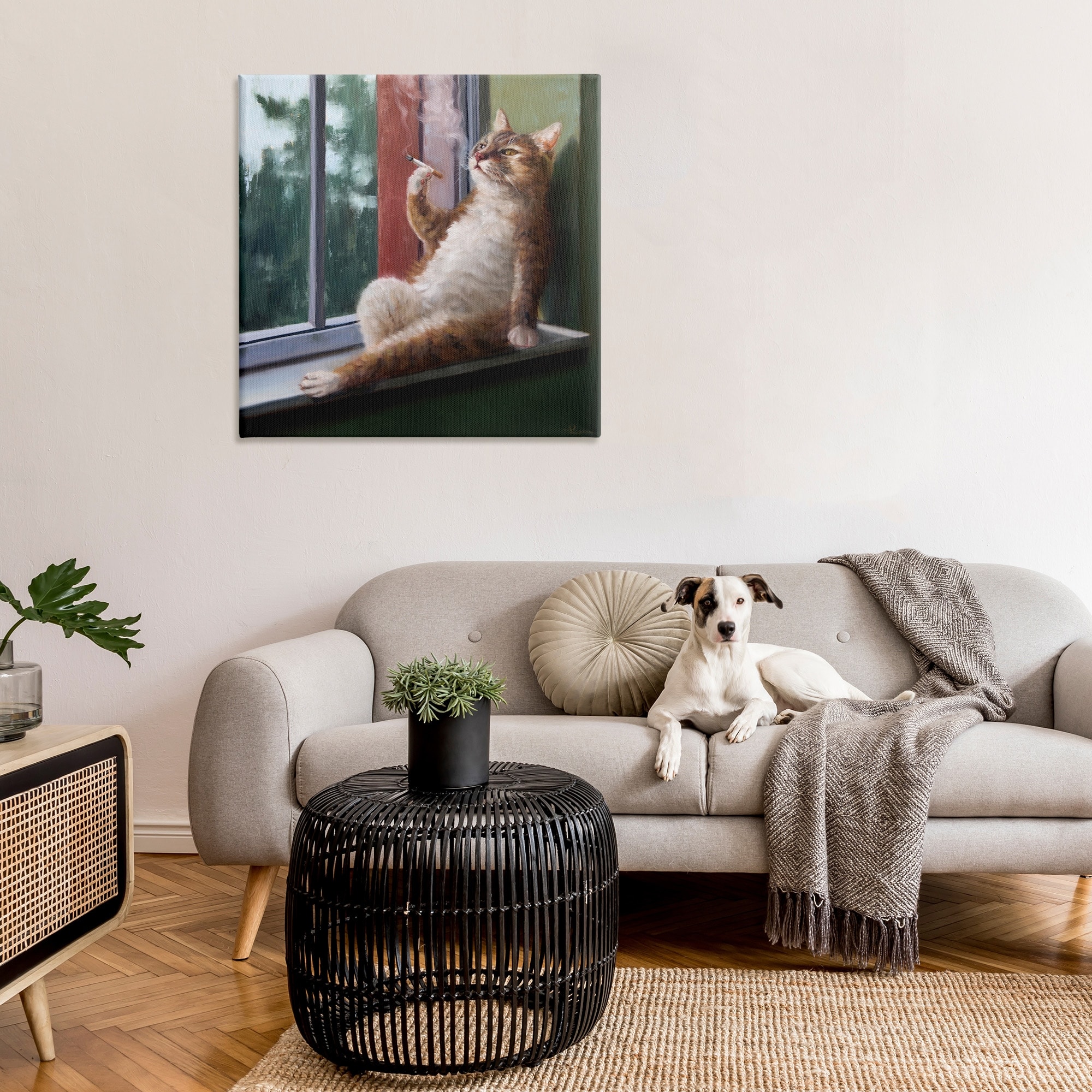Stupell Industries House Cat Smoking Lounging in Window Pane,36 x 36,Designed by Lucia Heffernan