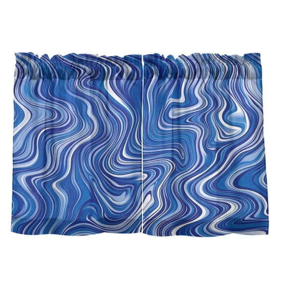 Blue Swirl Pattern 27"x24" Linen Look Cafe Curtain Set with Privacy and UV Protection