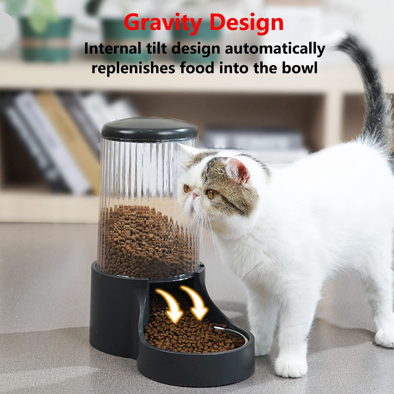 Automatic Cat Feeder, 3.8L Large Gravity Cat Food Dispenser with Detachable Top Lid, Visible Bottle and Stainless Steel Bowl for Pets (Full Black)