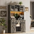 thumbnail image 2 of IdealHouse 72" Farmhouse Coffee Bar Cabinet with LED Lights & Power Outlet, Kitchen Hutch with Wine Glass Rack, Sliding Barn Doors, Drawers & Storage for Home Bar, Dark Oak, 2 of 7