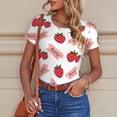 thumbnail image 6 of KLL Women 's Crew Neck Bodysuit Jumpsuits Strawberry Print Short onesies Stretch T Shirts, 6 of 7