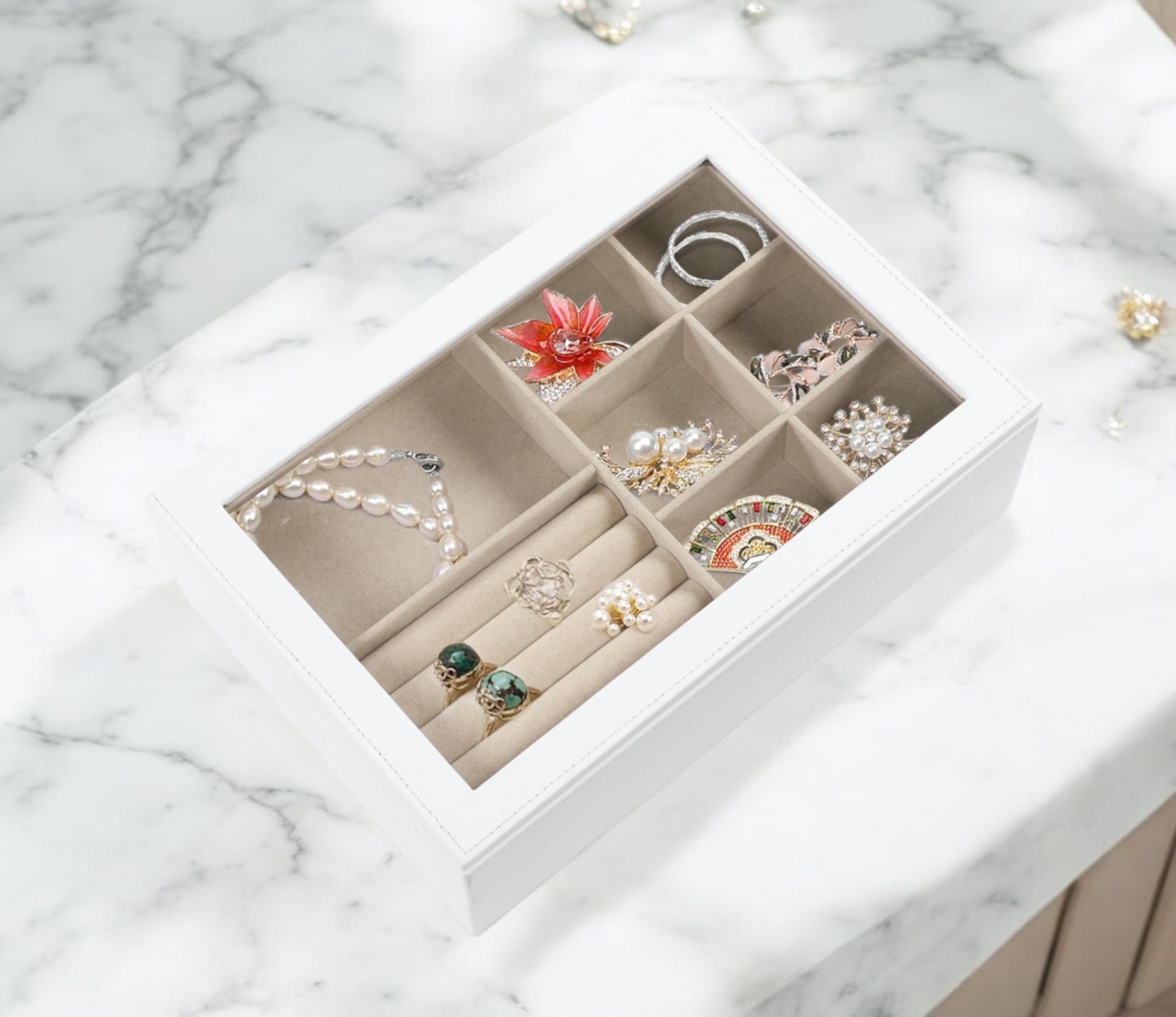 Hives & Honey Adult Isla White Stackable Jewelry Trays - Set of 2, 1 Glass-Lid Compartmentalized, 1 Open
