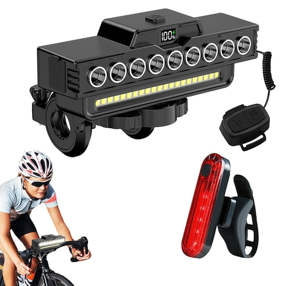 Shopmall Bicycle Headlight And Taillight Set With Digital Battery Display, Rechargeable 3000mAH 7-Level Adjustment Ultra-Bright Bicycle Lights With Horn For Night Riding, Black