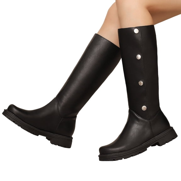 Pandaie Women's Knee High Boots Platform Lug Sole Tall Riding Boots Stretch Wide Calf Foldover Pull on Dress Long Boots Black 5