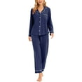 thumbnail image 2 of GEX 100% Cotton Pajamas for Women PJ Set Soft Button-Down 2 Piece Set Knitted Long Sleeve Sleepwear Loungewear Navy Blue 2XL, 2 of 7