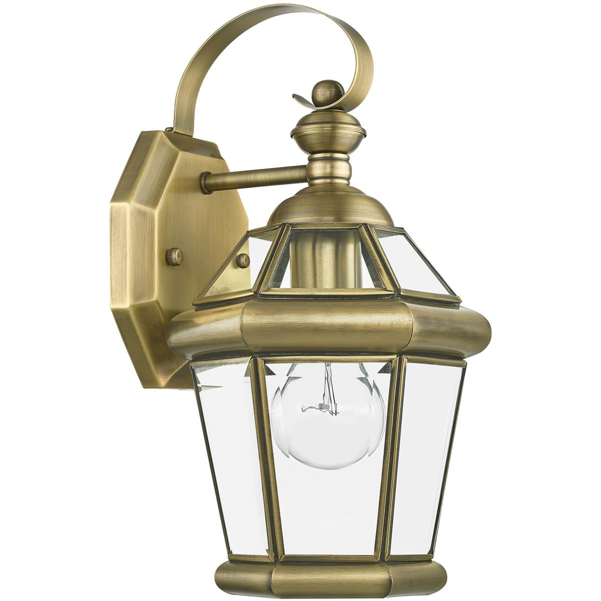 7 inch 1 Light Antique Brass Outdoor Wall Lantern Pendant Lighting Fixture with Clear Glass Panel Shade backed with Hand Crafted Solid Brass material for patio, front porch, entryway and more