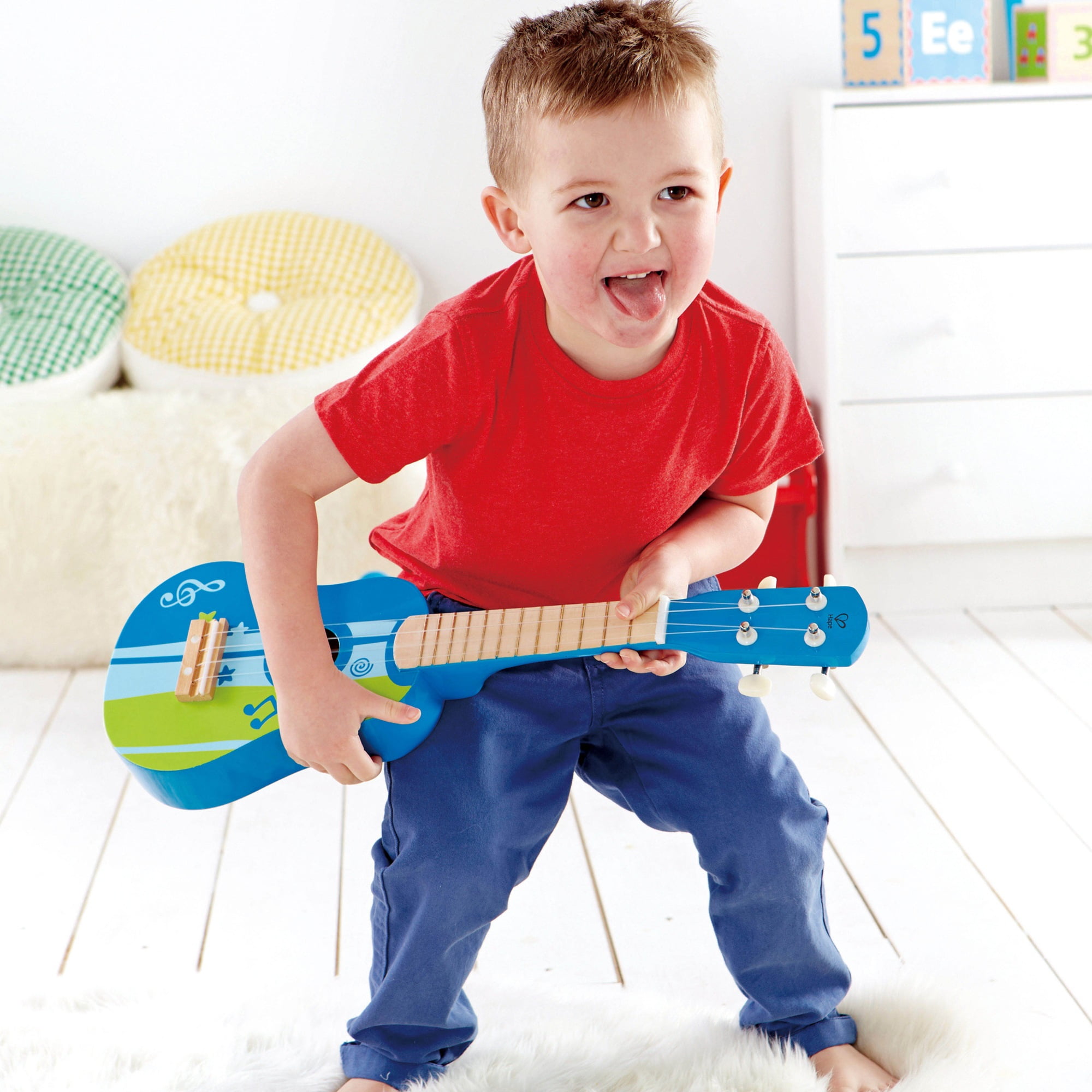 Hape Kid's Wooden 21" Toy Ukulele in Blue/Green for Preschool & Toddler