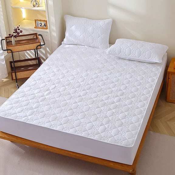 Quilted Fitted Mattress Protector with Deep Pocket, Non-Slip Winter Warm Breathable Polyester Topper Cover for Bed, Noiseless Machine Washable Mattress Shield for Home Hotel