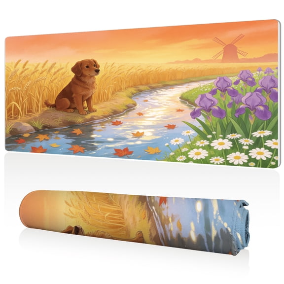 LIVEKEY XL Mouse Pad 80x40x0.3cm Golden Dog in Wheat Field with Windmill Design Extra Large Full Desk Coverage Non Slip Base Durable Easy Clean Stitched Edges for Gaming and Office