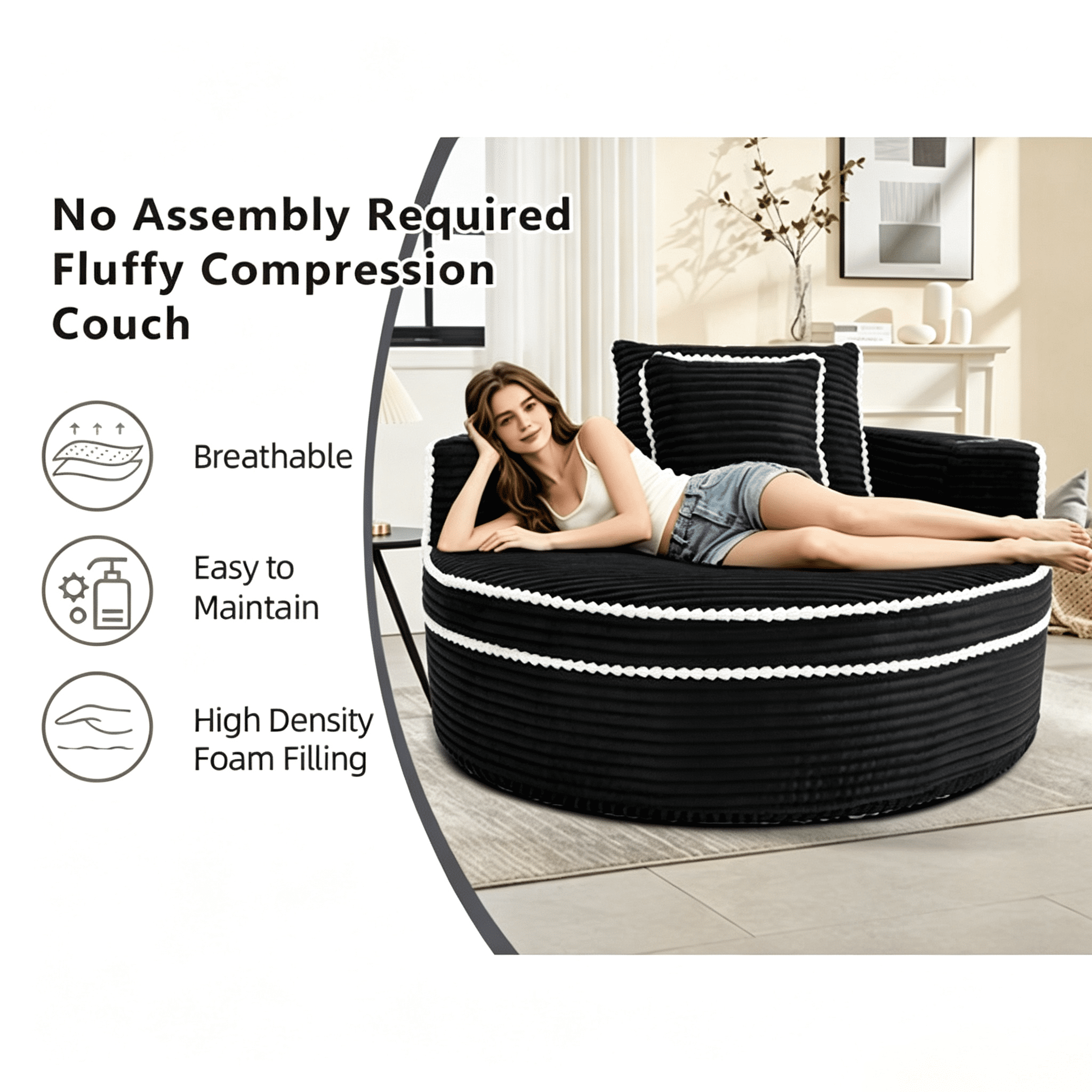 Round Sofa Bed with Memory Foam Sectional Couches for Living Room, Cloud Couch with Two Pillows, Black